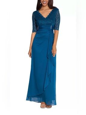 B&A by Betsy & Adam SZ 6-Petite Peacock Lace Ruched V-Neck 3/4 Sleeve Long Gown